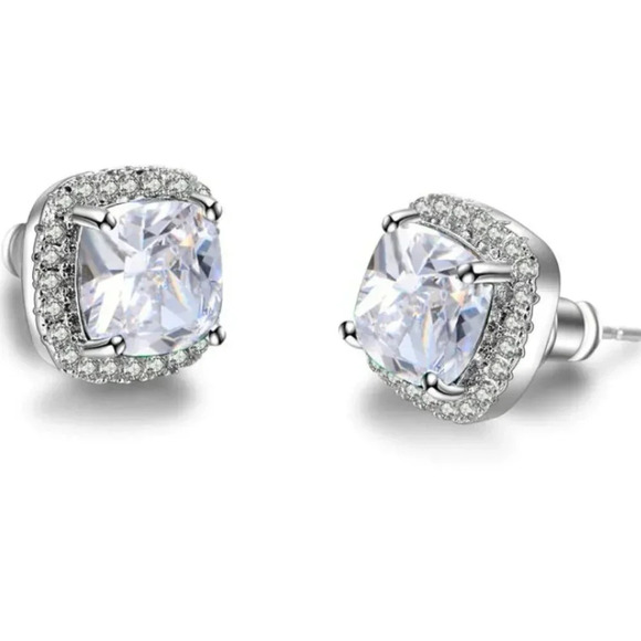 18k White Gold Diamond Cushion Halo Earrings - Picture 2 of 4